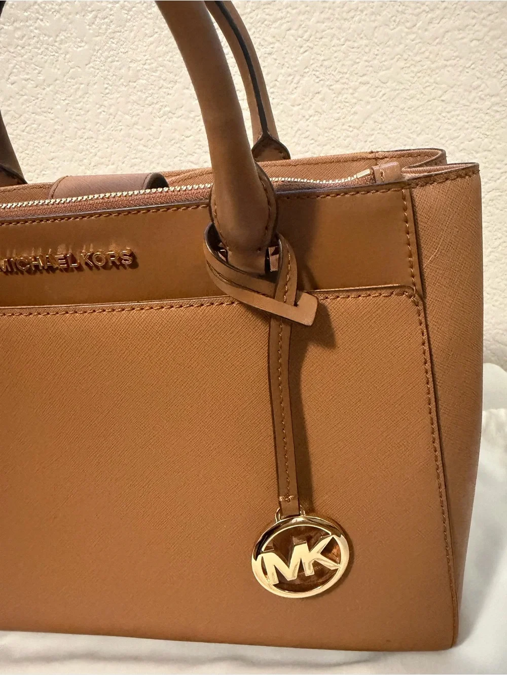 Michael Kors Cognac Saffiano Leather Satchel with Gold Charm